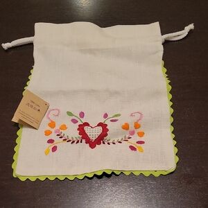 Embroidered White and Green Drawstring Bag